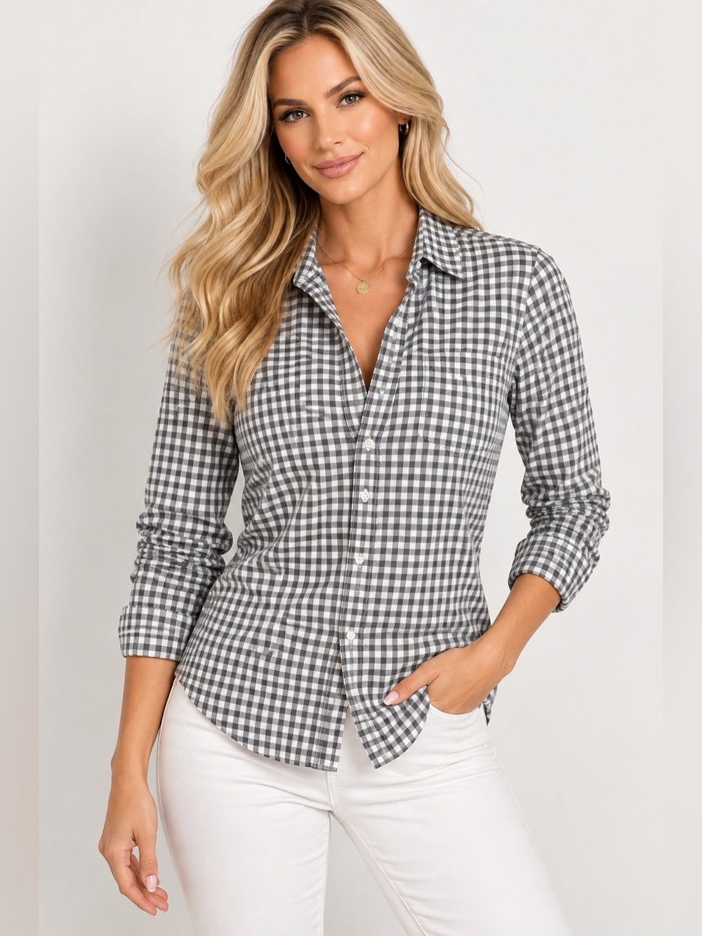 Frank & Eileen Barry Gray and White Gingham Button-Down Shirt Size Small - Picture 1 of 12